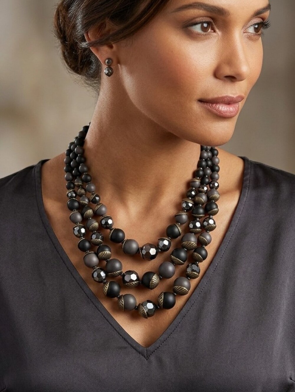 Premier Designs Triple Strand Beaded Statement Chunky Necklace Metallic Accents